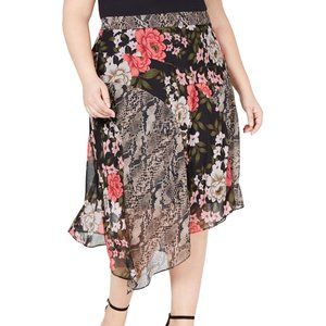 INC Womens Black Floral Snake Print Asymmetric Mid